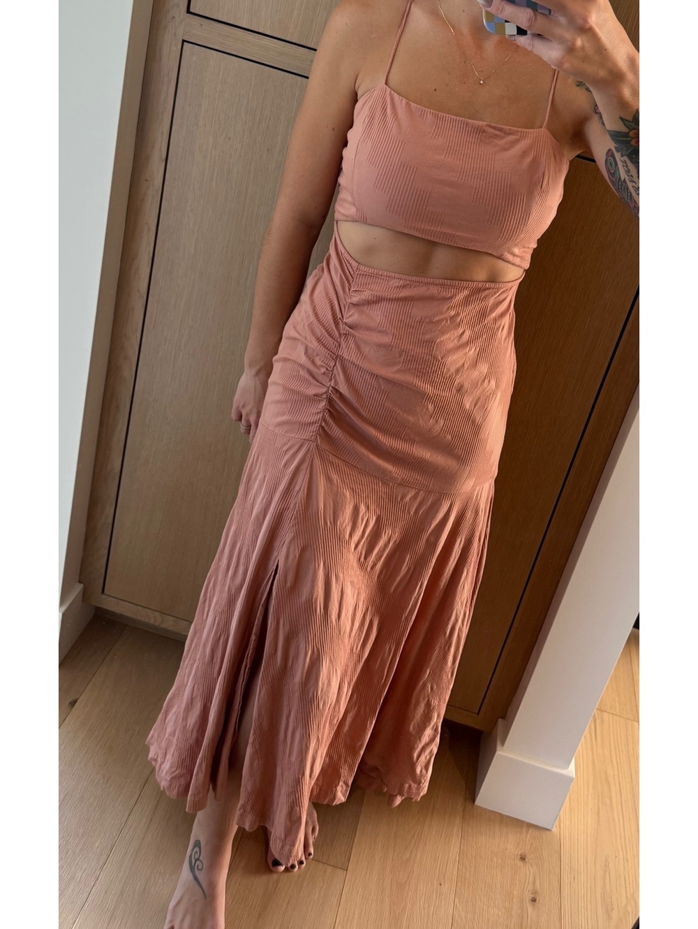 Free People Summer Ready Midi Dress Iced Chai Pink Cutout Ruched M
